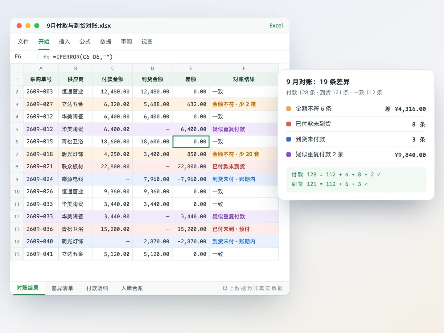 两份表对账并标出差异