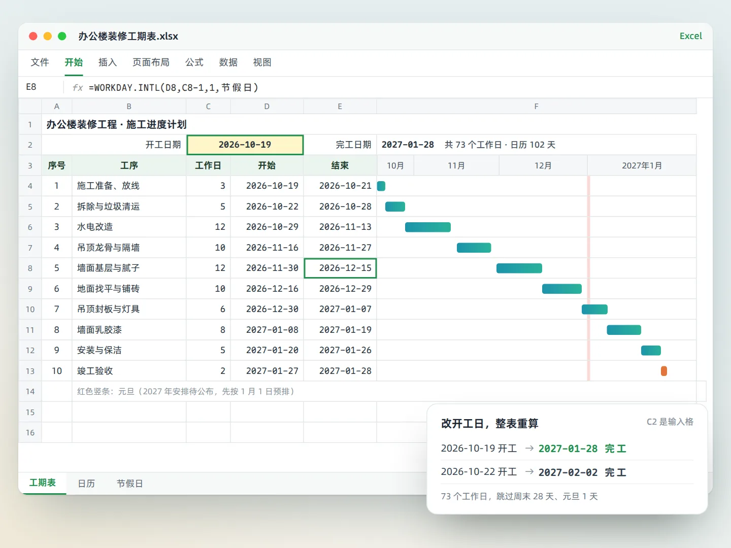 输入开工日自动算完工日