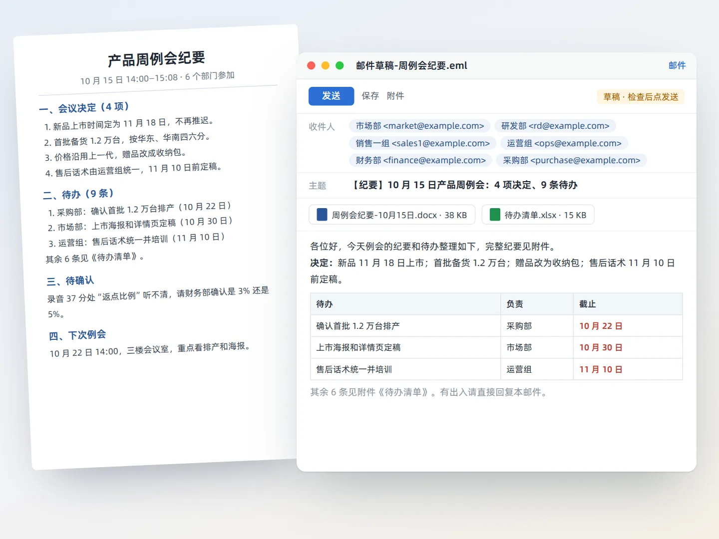 会议纪要和邮件草稿一次备好